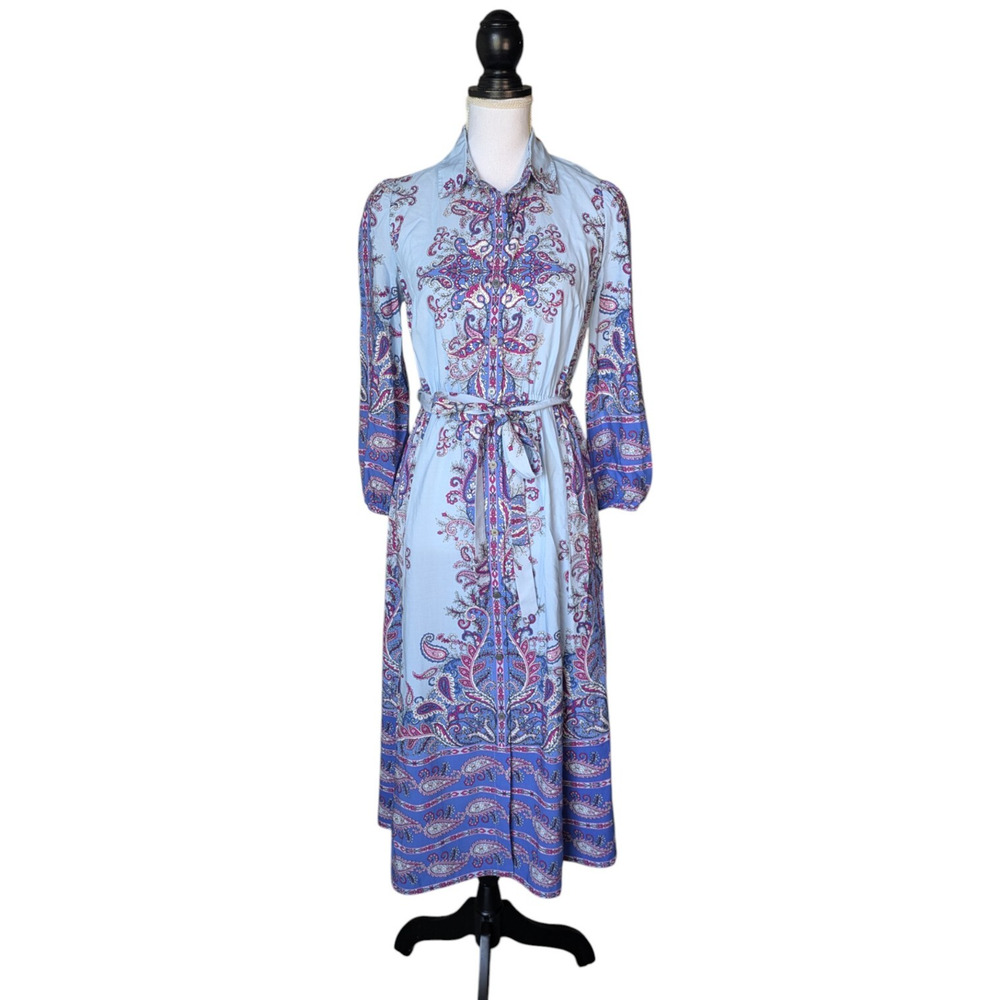 Loft Light Blue Paisley Floral Midi Shirtdress Size XS Button Front Collar Belt